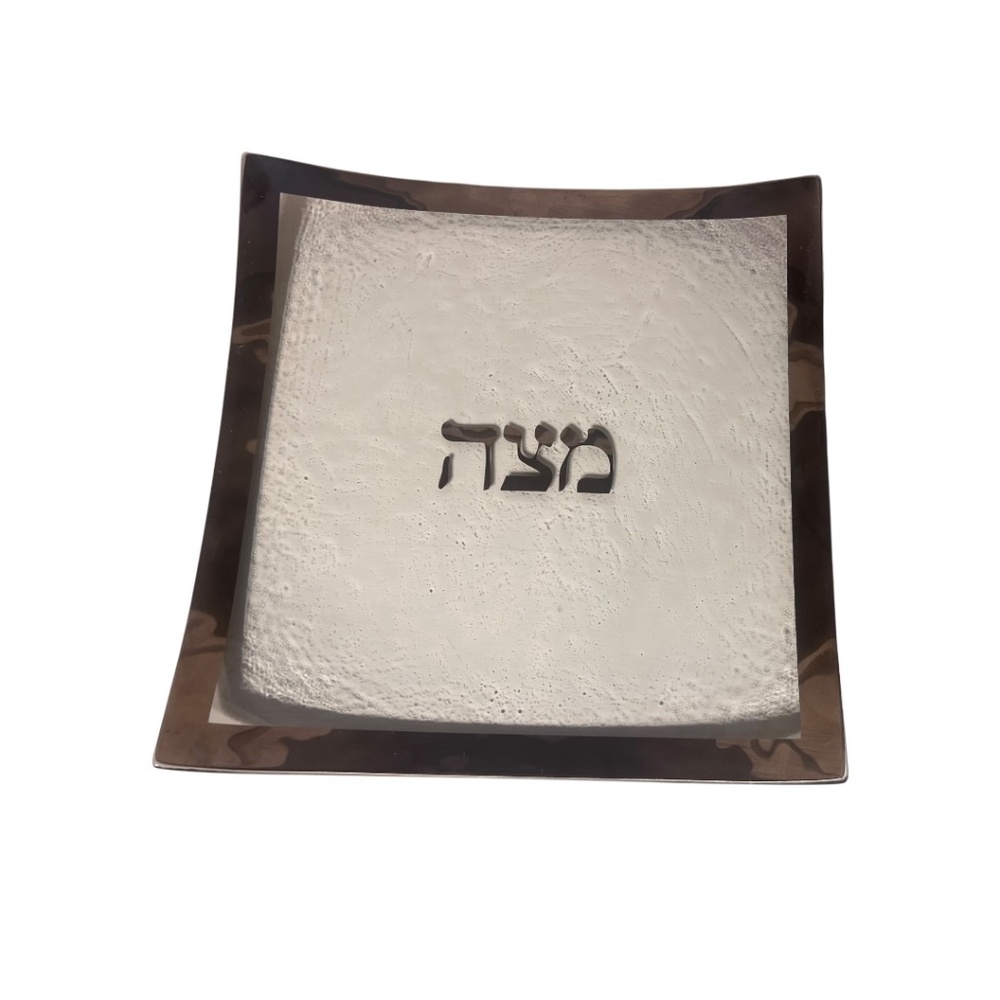 Passover Matzah Plate Signed Annieglass Judaica Glass Platinum Border Tray 10x10